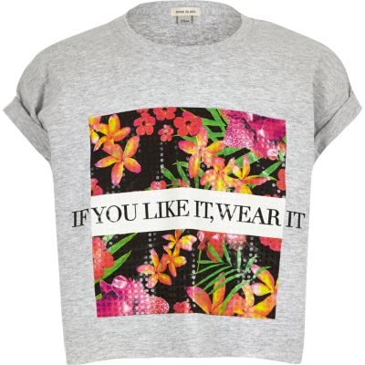 Girls grey floral print cropped t-shirt